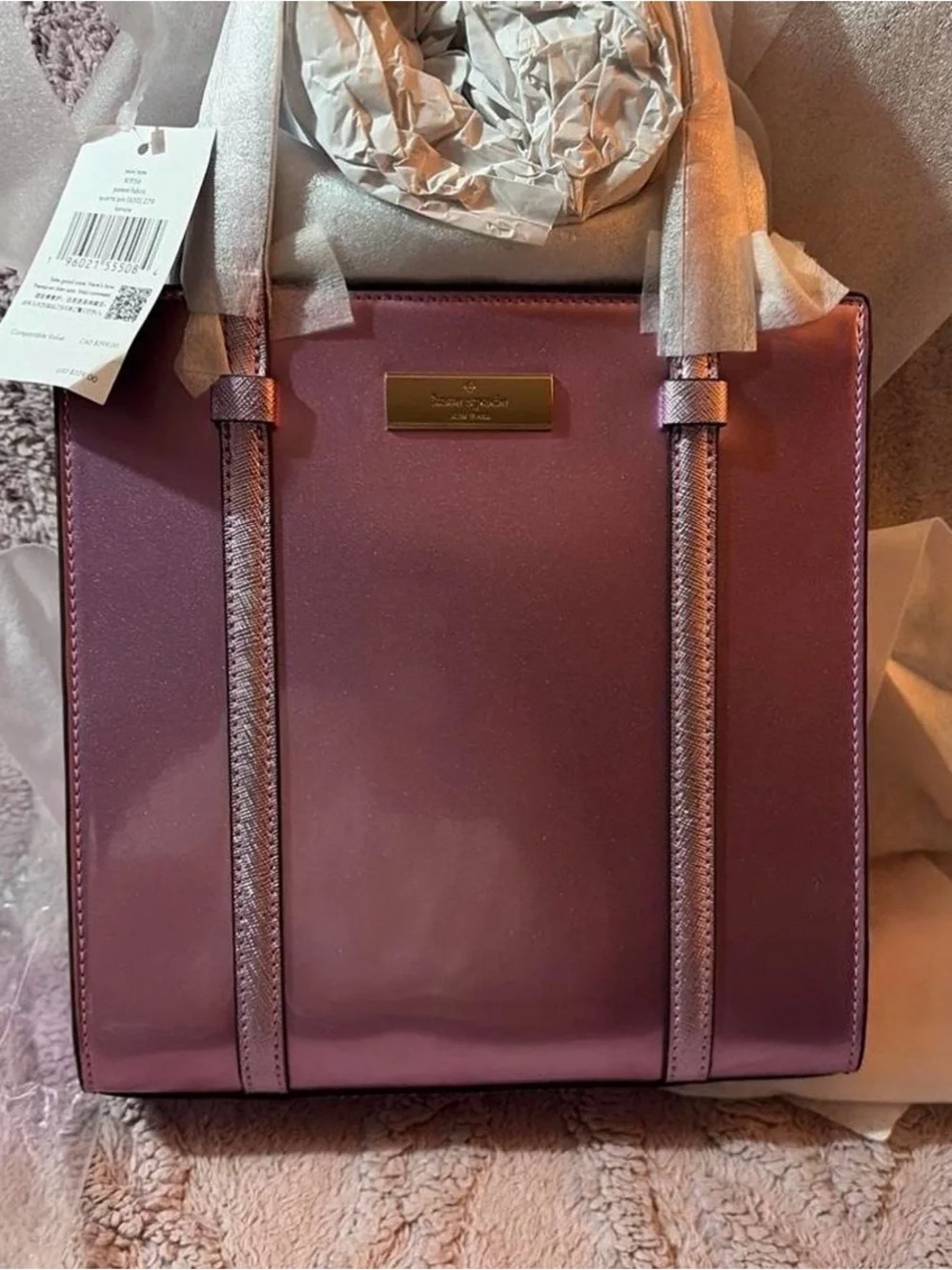 kate spade Metallic Plum Structured Tote with Gold Plaque